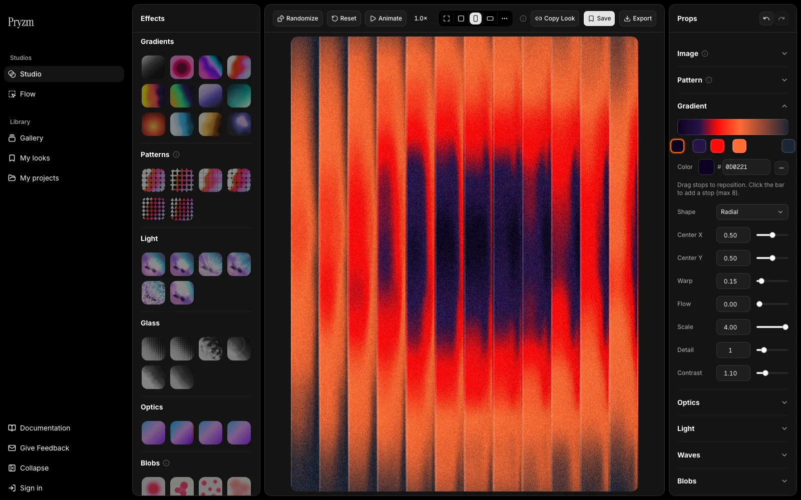 A bold orange and indigo radial gradient being edited in the Pryzm studio